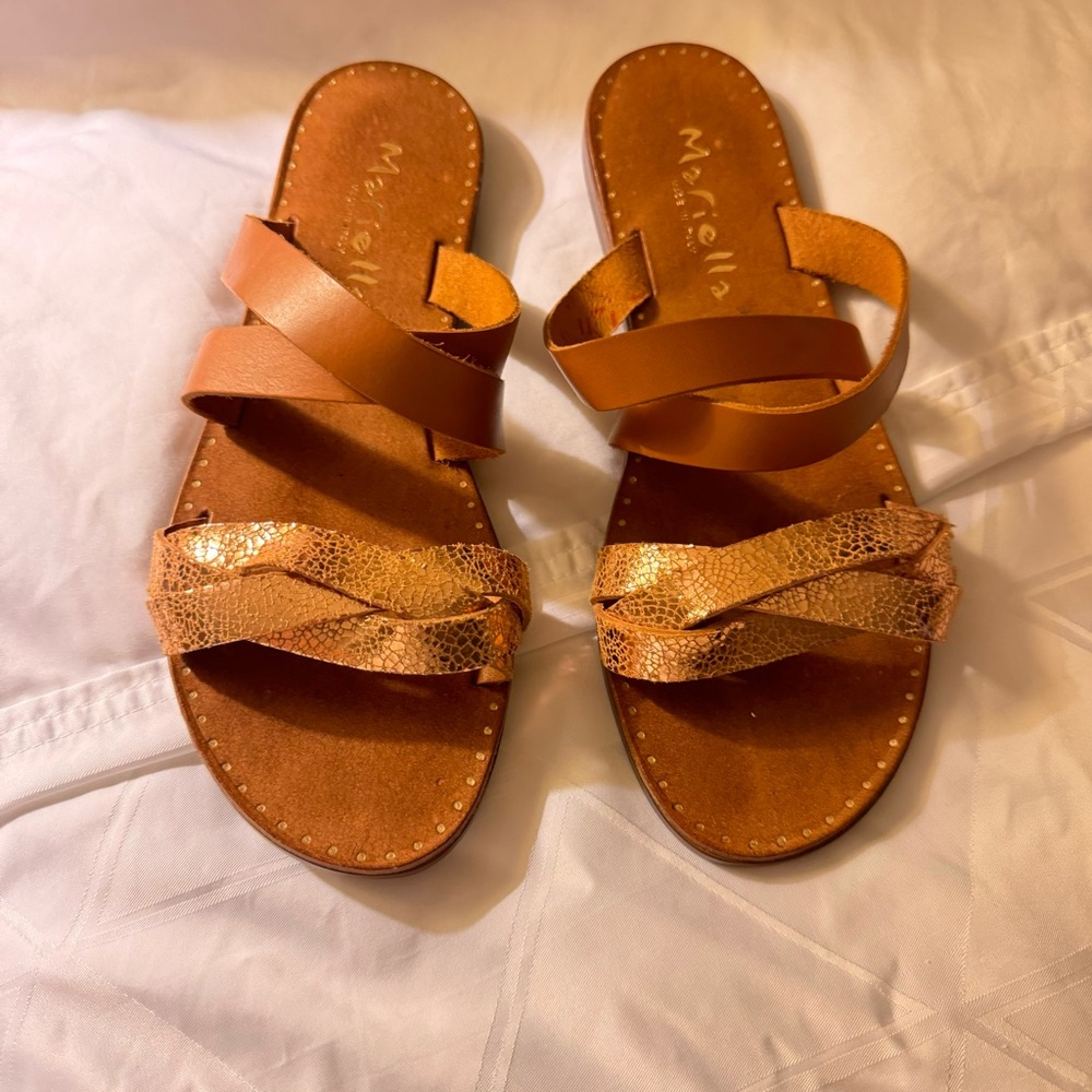 MARIELLA Whiskey Leather Strappy Slide Flat Sandals Sz 8 ITALY